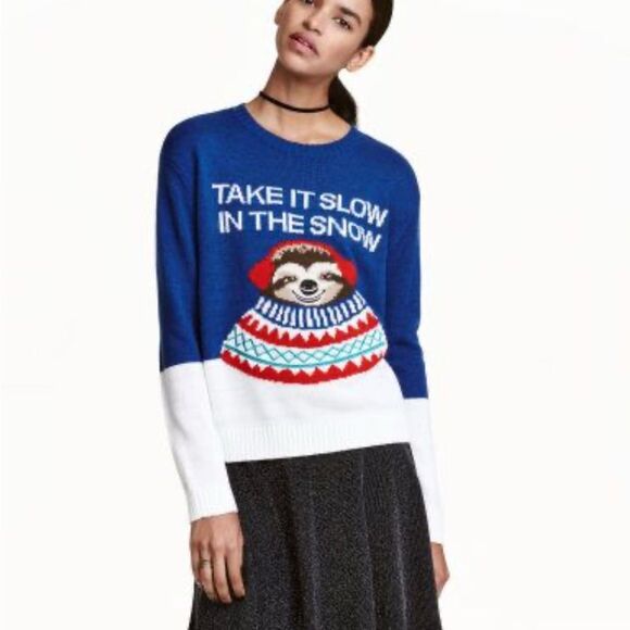 H&M winter Sloth Sweater holiday ugly Christmas sweater embroidered medium - Picture 1 of 6
